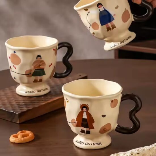 Vintage tall ceramic mug with cartoon girl design for wholesale