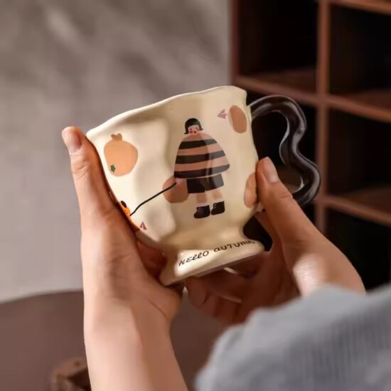 Vintage tall ceramic mug with cartoon girl design for wholesale