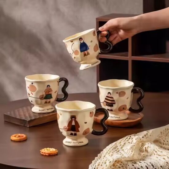 Vintage tall ceramic mug with cartoon girl design for wholesale