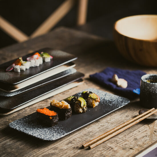 Japanese stone-textured ceramic rectangular sushi plate for wholesale