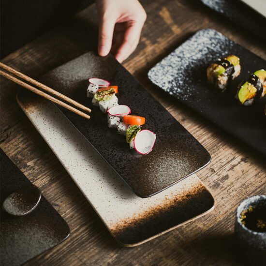 Japanese stone-textured ceramic rectangular sushi plate for wholesale