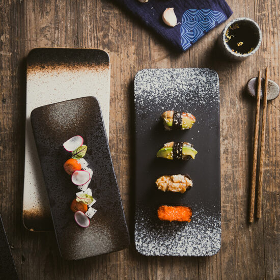 Japanese stone-textured ceramic rectangular sushi plate for wholesale