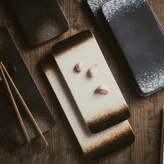 Japanese stone-textured ceramic rectangular sushi plate for wholesale