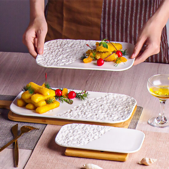 Japanese stone-textured ceramic rectangular sushi plate for wholesale