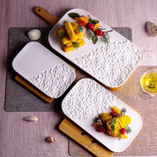 Japanese stone-textured ceramic rectangular sushi plate for wholesale