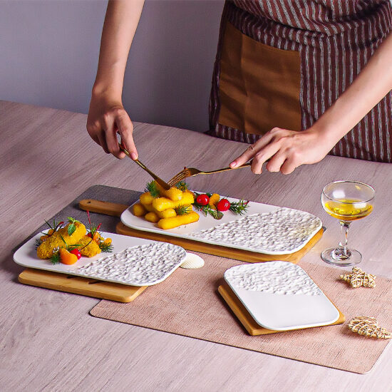 Japanese stone-textured ceramic rectangular sushi plate for wholesale