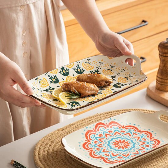 Nordic square ceramic plate with dual handles for modern dining